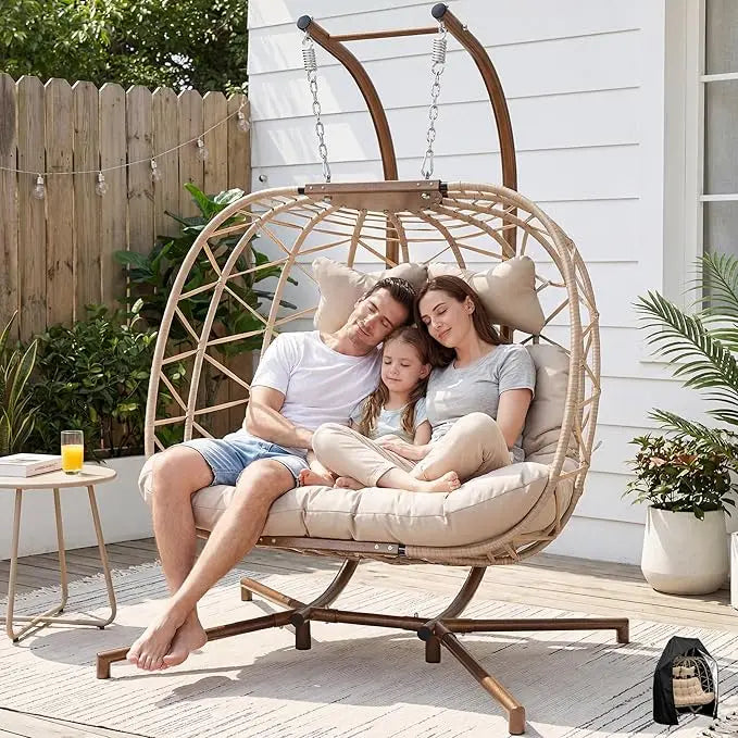 Two Person Patio Hanging Egg Chair With Stand And Cushion