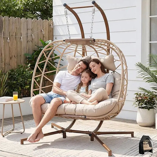 Two Person Patio Hanging Egg Chair With Stand And Cushion