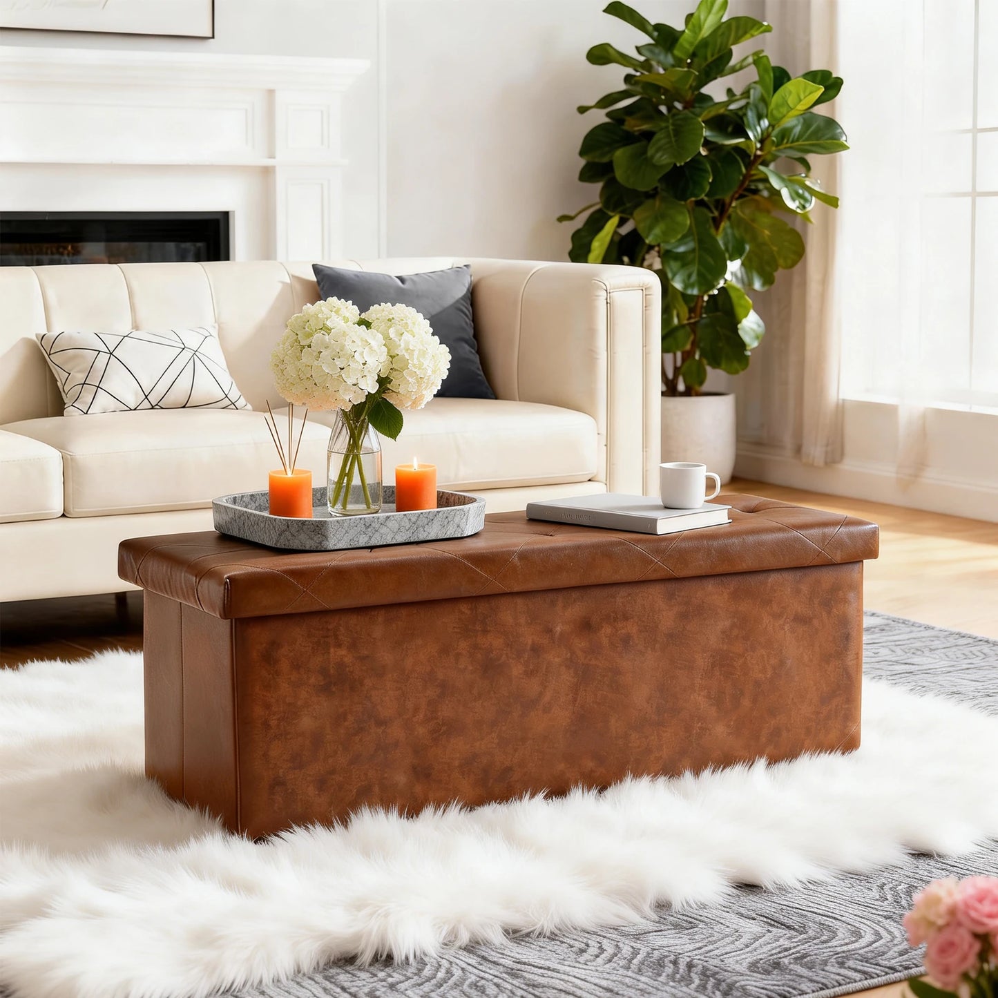 Faux Leather Storage Bench Tufted With Folding Lid 400Lb Capacity