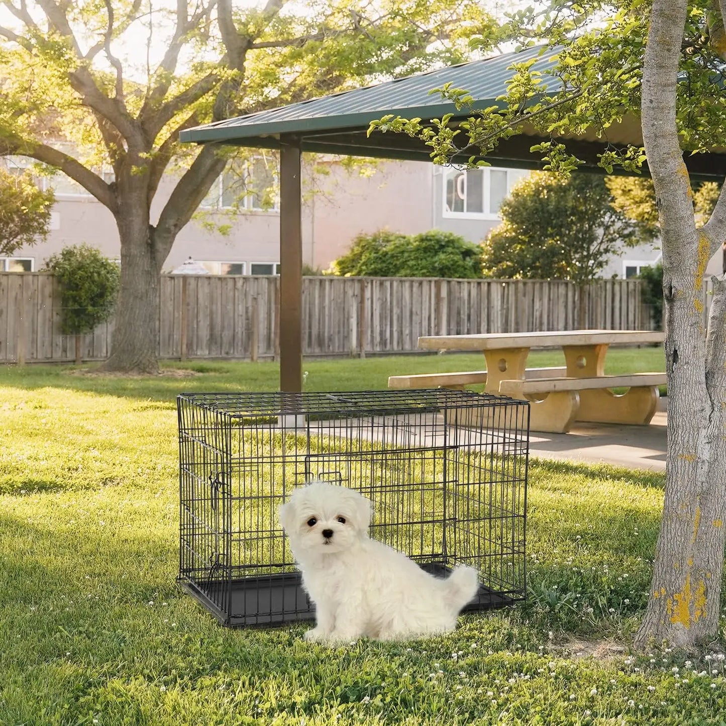 Folding Metal Dog Crate With Double Door And Leak Proof Tray