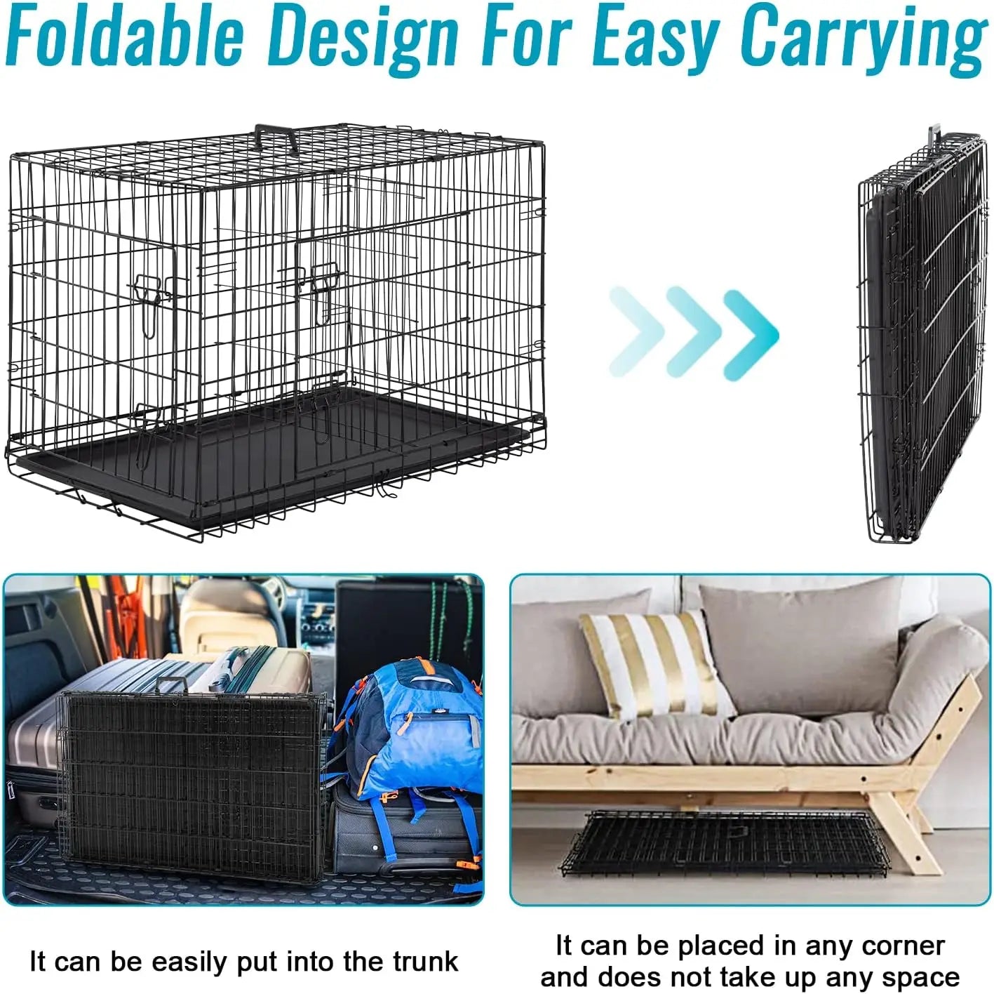 Folding Metal Dog Crate With Double Door And Leak Proof Tray