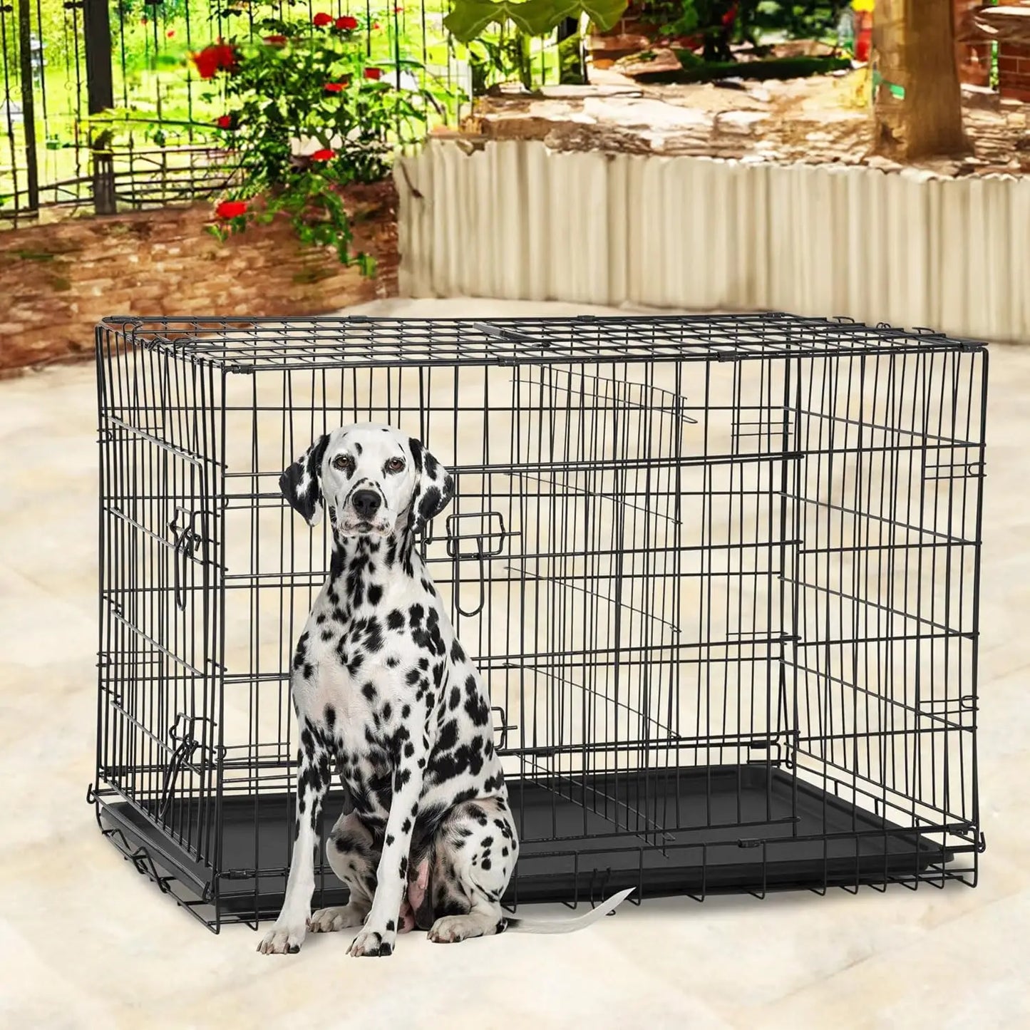 Foldable Dog Crate with Double Doors, Secure Latches, Leakproof Tray