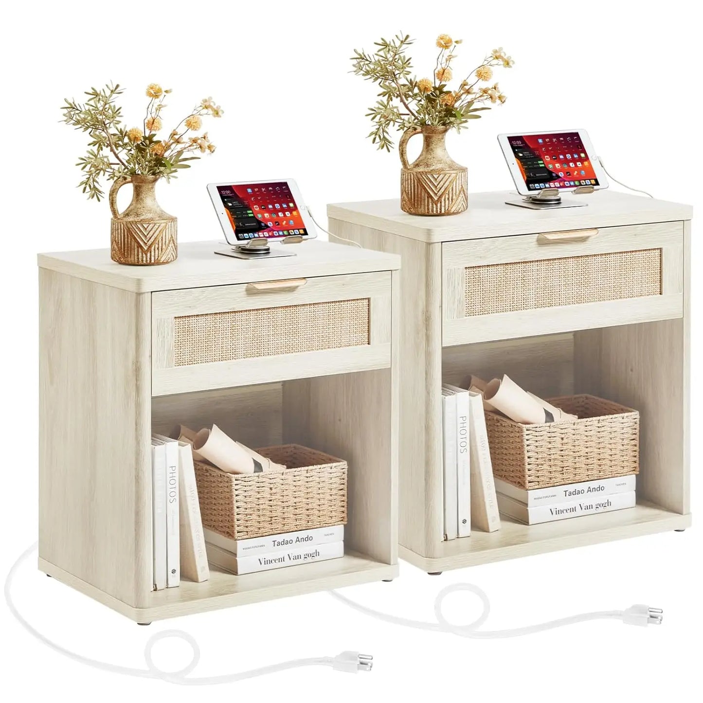 Rattan Nightstands Set of 2 with Charging Station, 23" Wide Boho Night Stand with Drawer, Natural Wood Bedside, Customized
