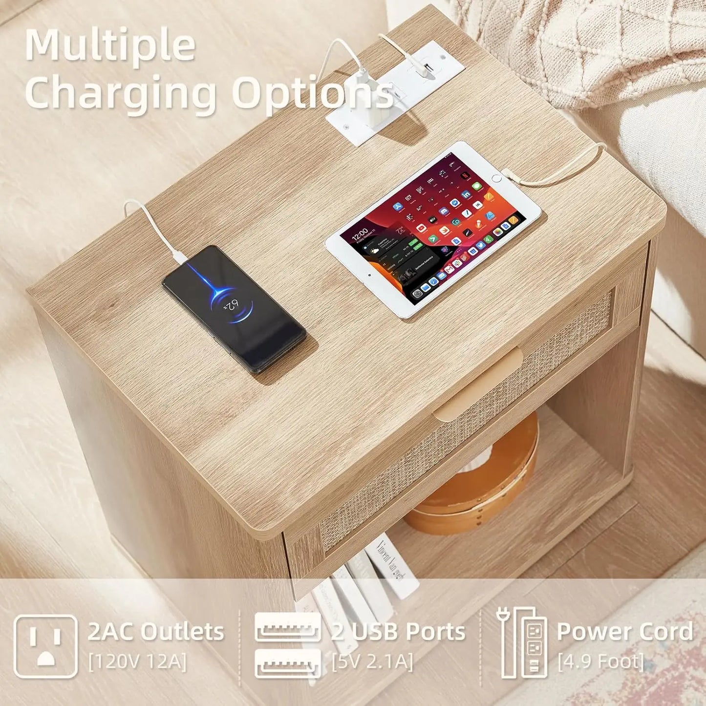 Rattan Nightstands Set of 2 with Charging Station, 23" Wide Boho Night Stand with Drawer, Natural Wood Bedside, Customized