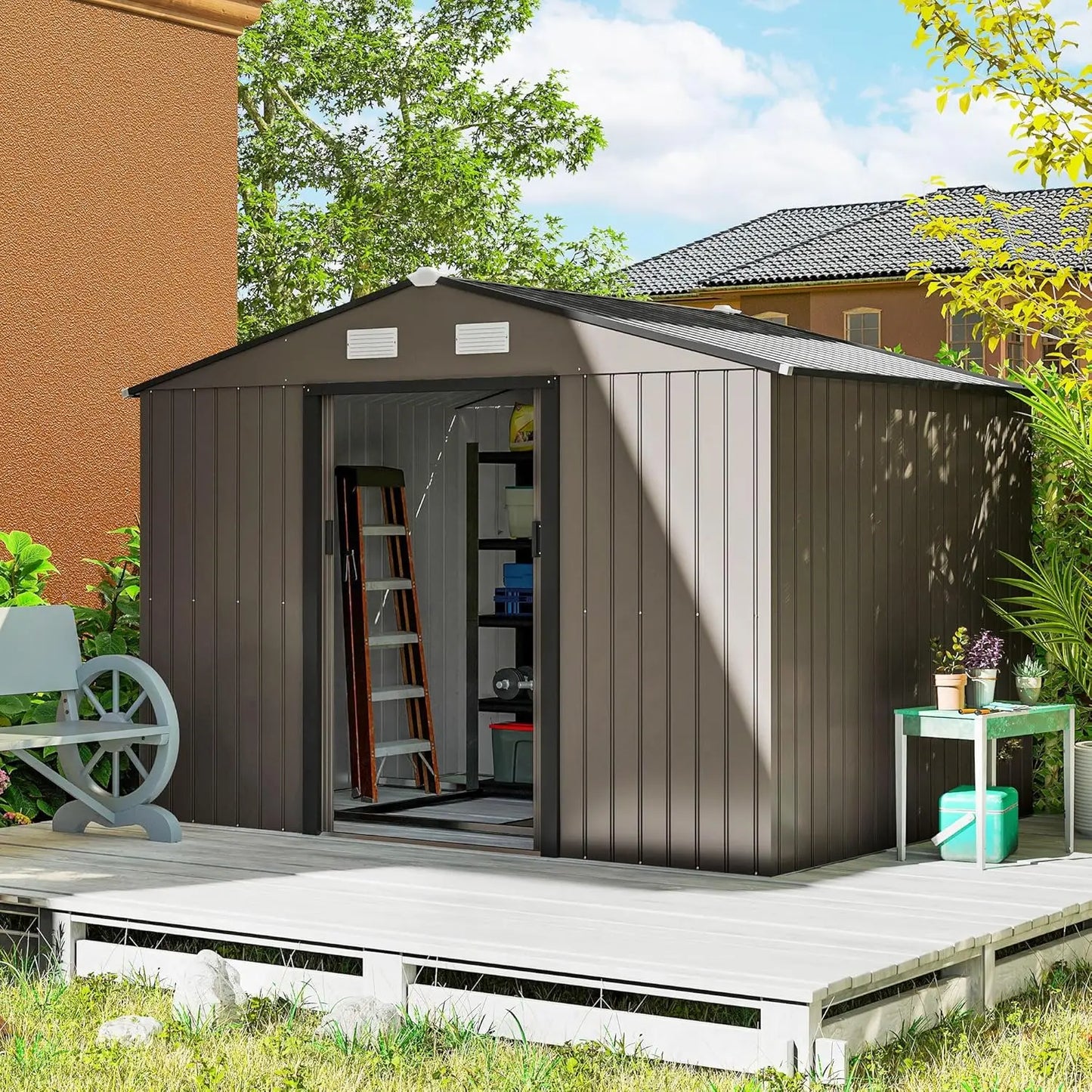 Metal Outdoor Storage Shed With Double Doors And Sloped Roof