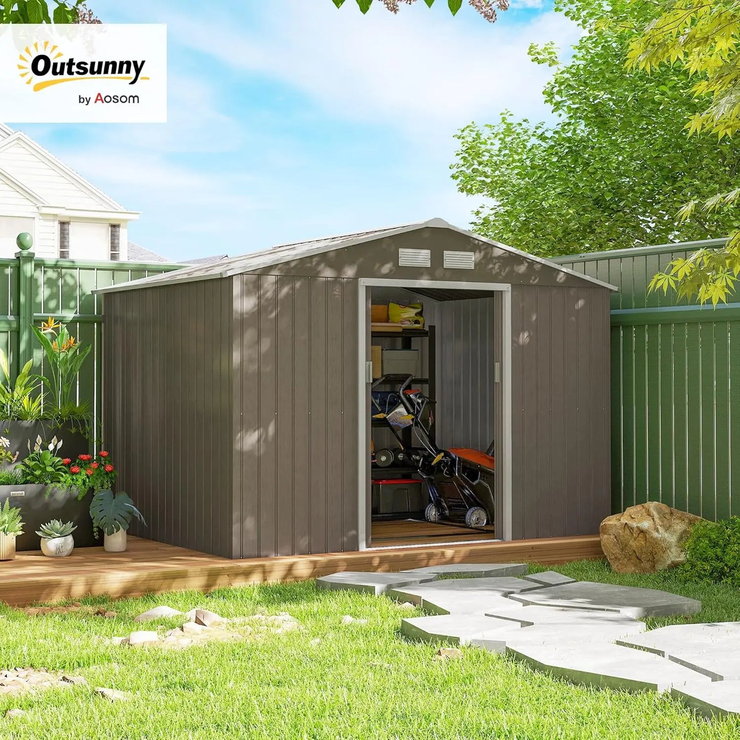Metal Outdoor Storage Shed With Double Doors And Sloped Roof
