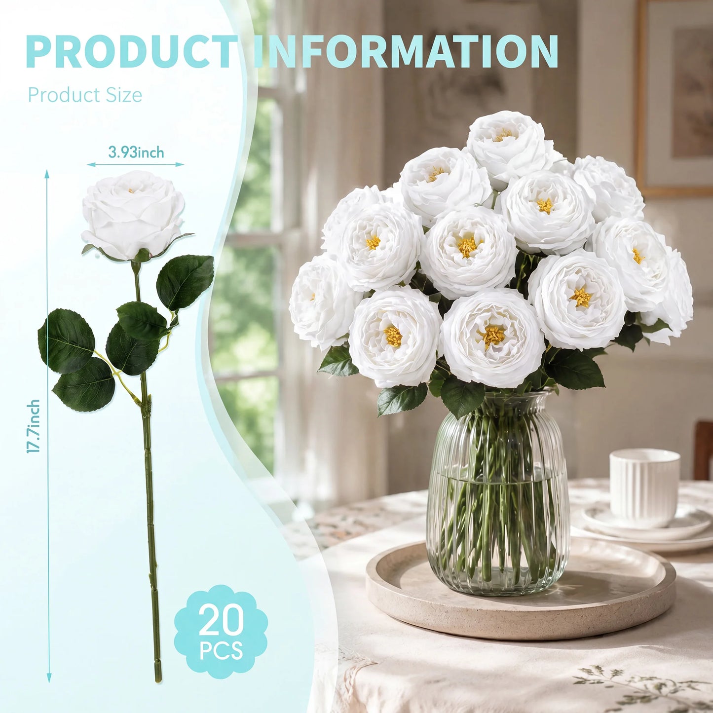 HiMISS 20Pcs Lifelike Real Touch Artificial Roses And Peonies Stems
