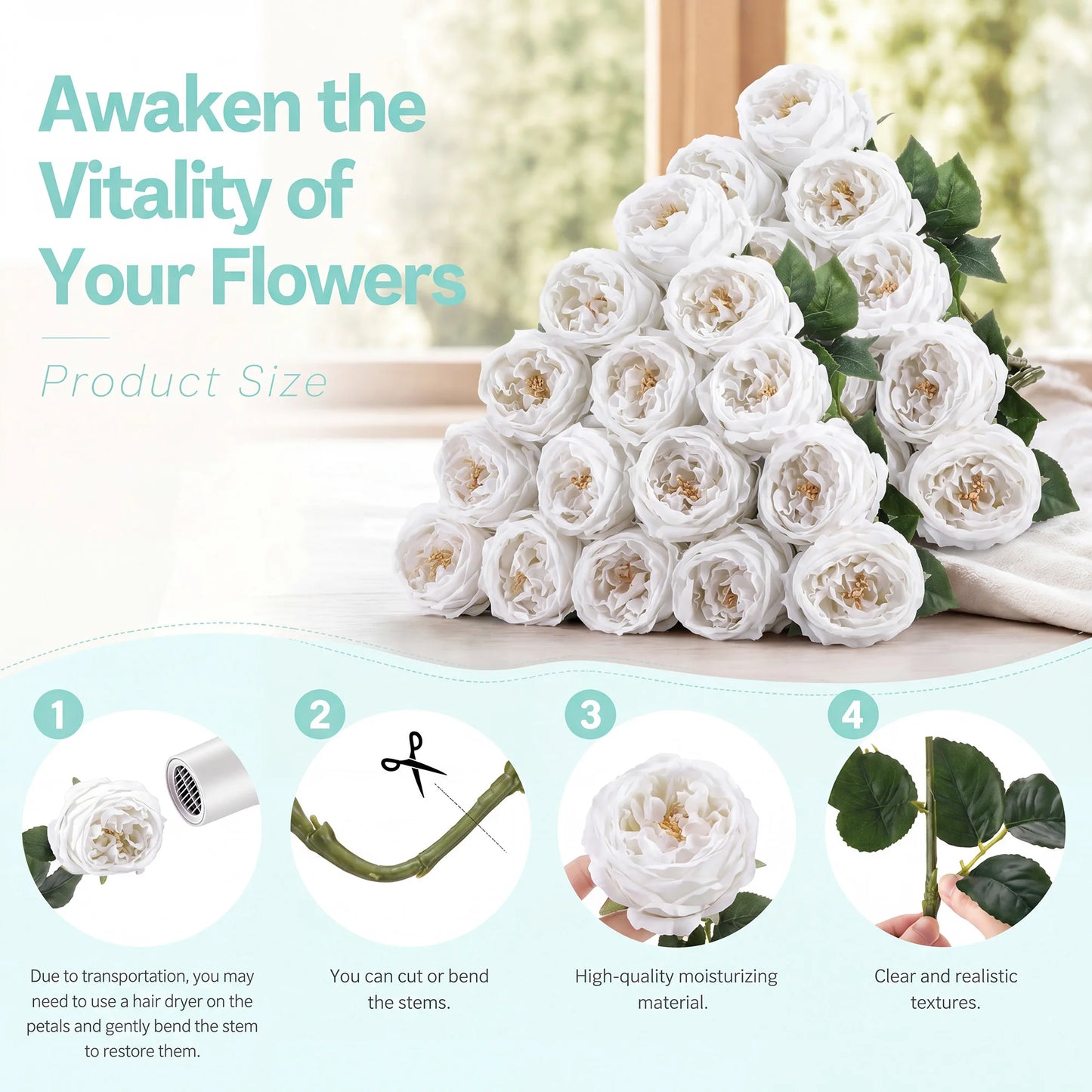 HiMISS 20Pcs Lifelike Real Touch Artificial Roses And Peonies Stems