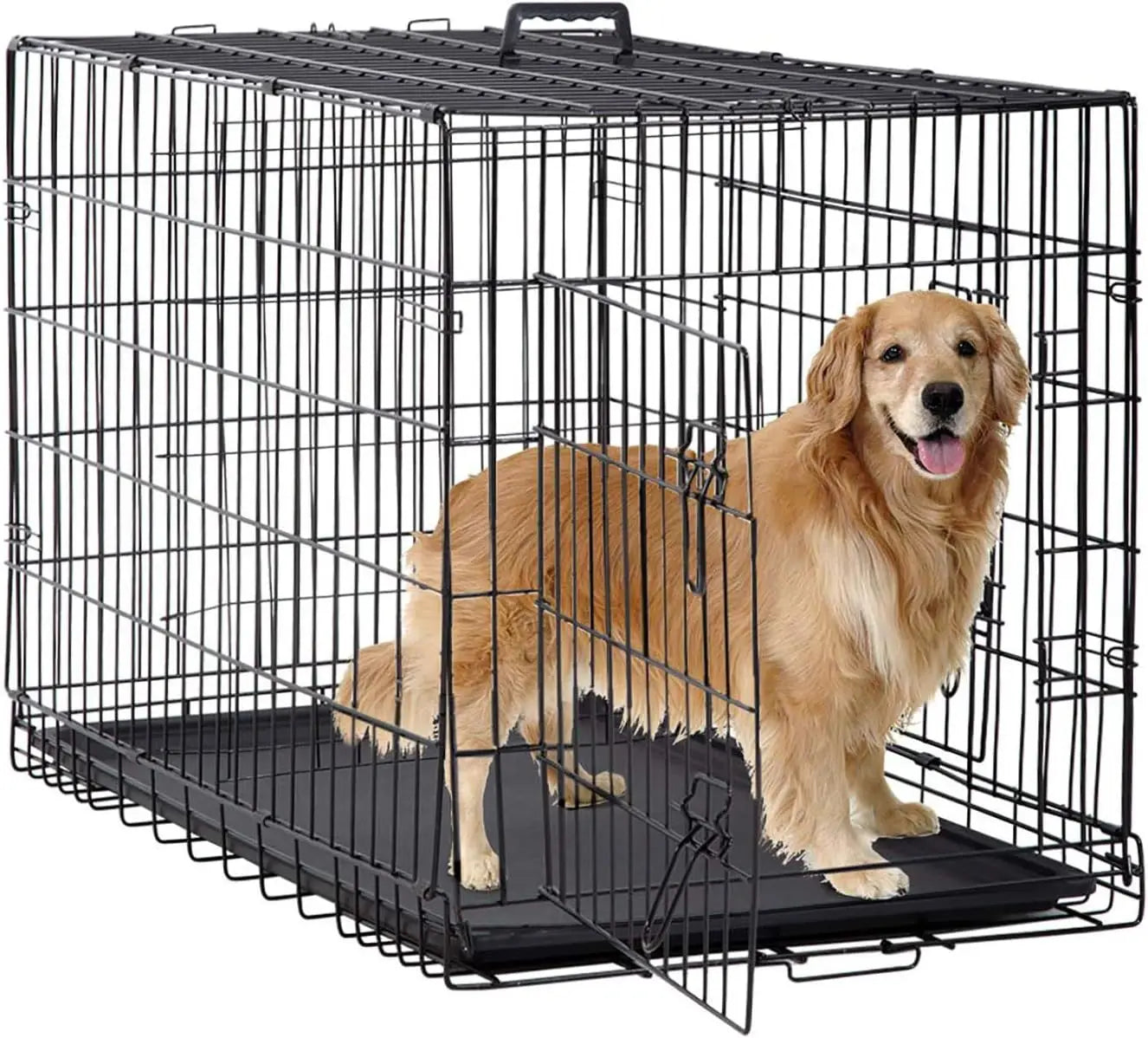 Foldable Dog Crate with Double Doors, Secure Latches, Leakproof Tray