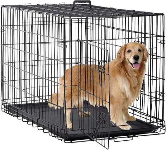 Foldable Dog Crate with Double Doors, Secure Latches, Leakproof Tray