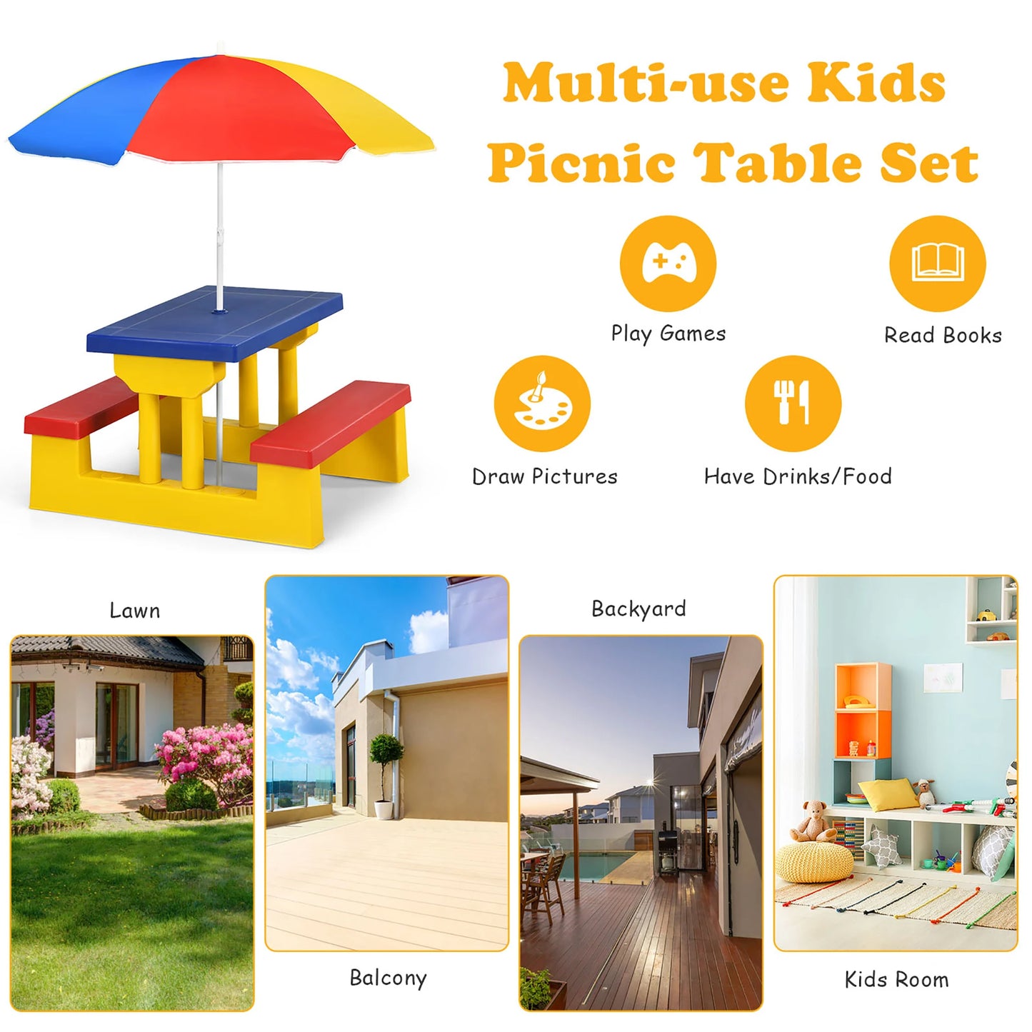 HOMASIS Kids Picnic Table Set With Removable Umbrella For Indoor Outdoor Play