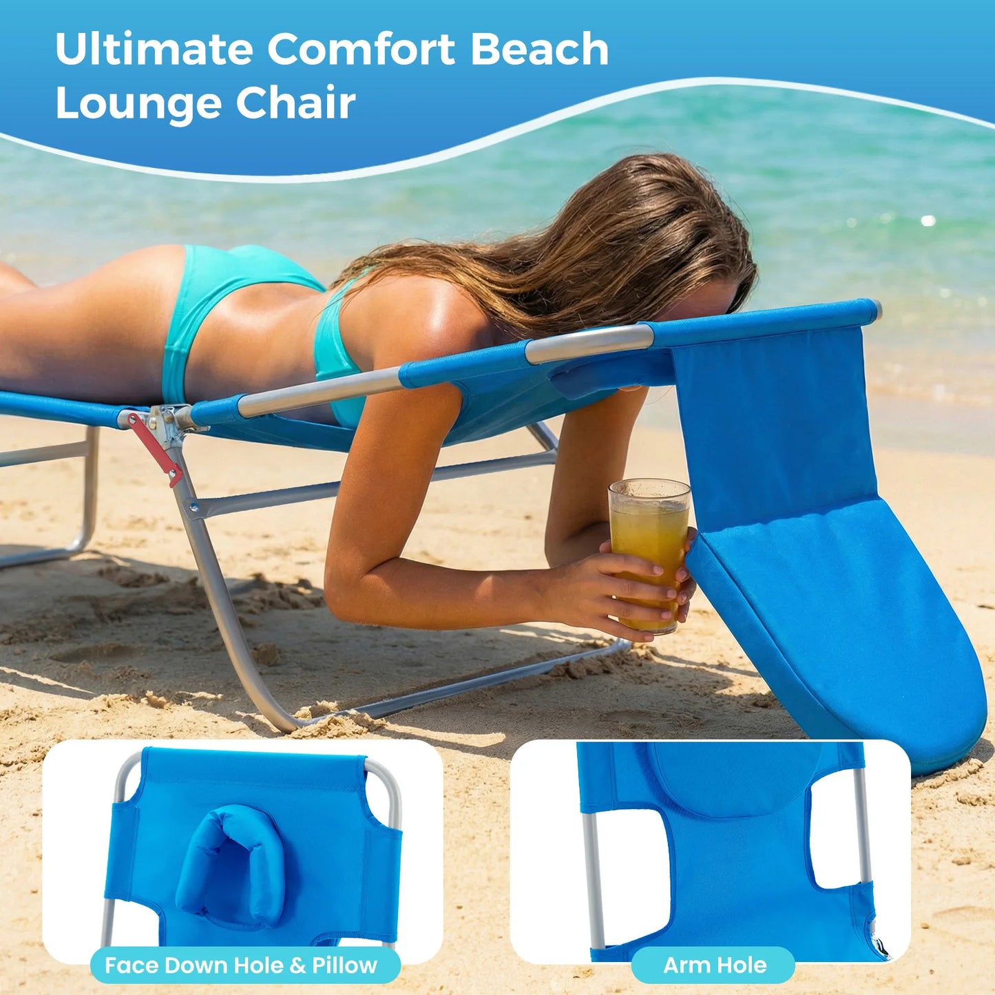 JHK 5-Position Adjustable Recline Beach Lounge Chair With Face Arm Holes