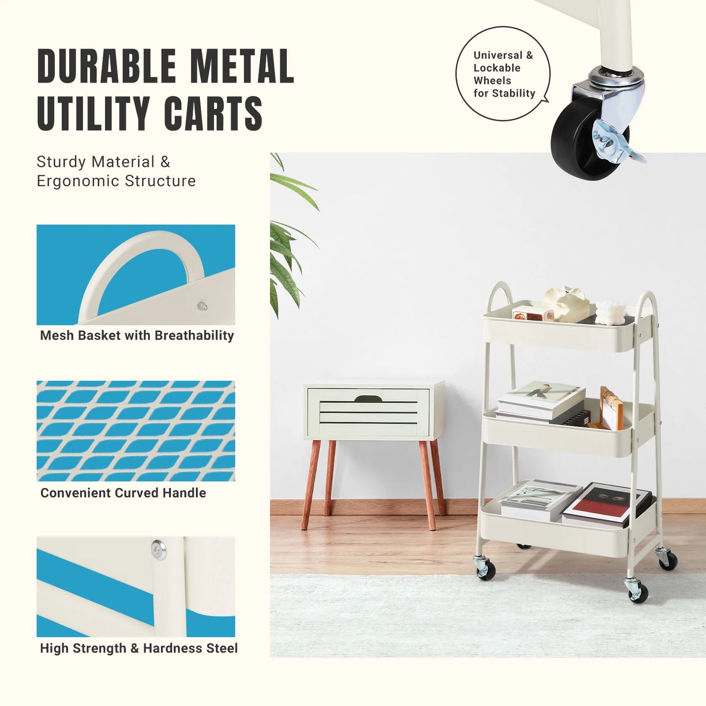 JHK 3 Tier Metal Storage Kitchen Cart With Lockable Wheels