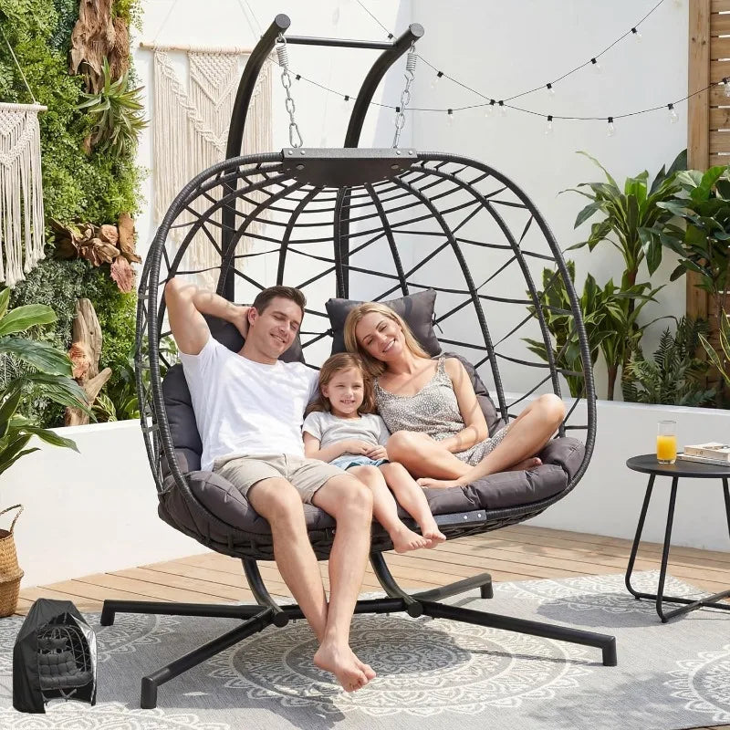 Two Person Patio Hanging Egg Chair With Stand And Cushion