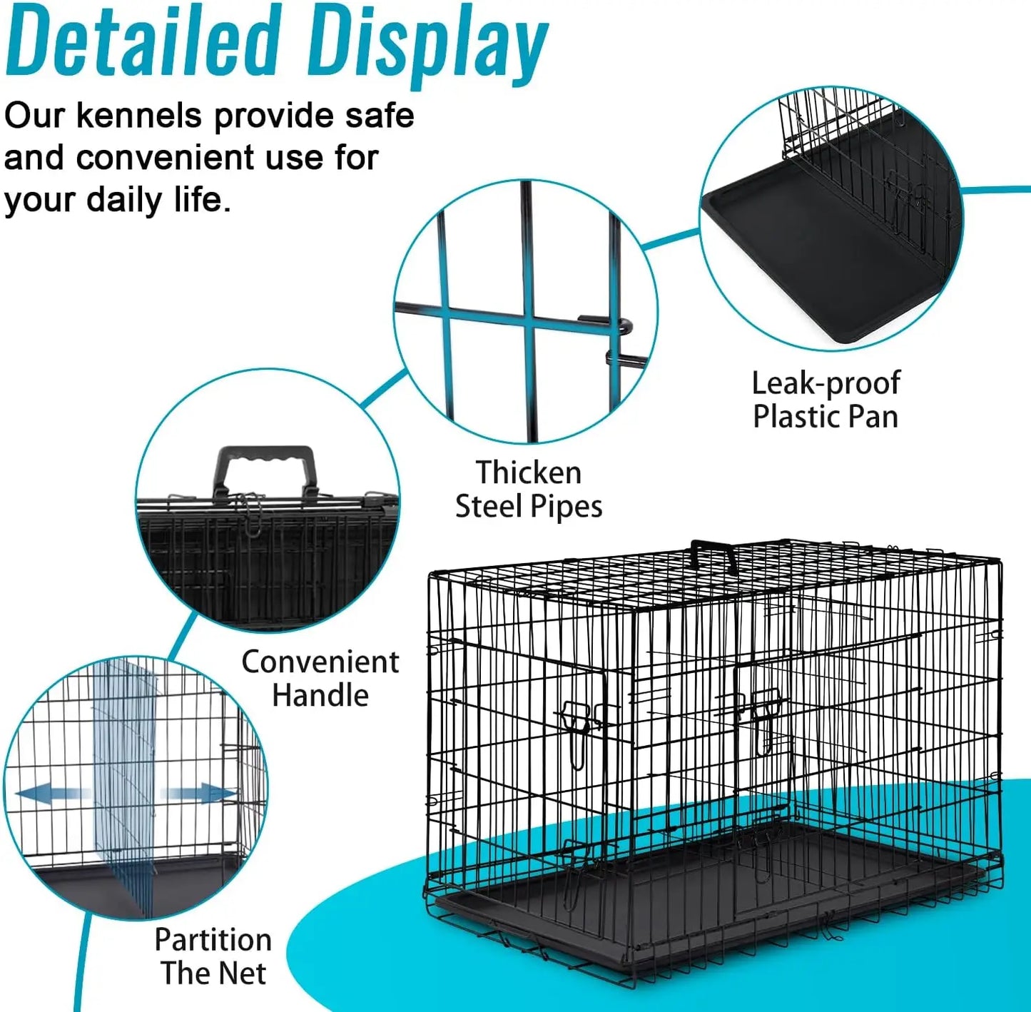 Folding Metal Dog Crate With Double Door And Leak Proof Tray
