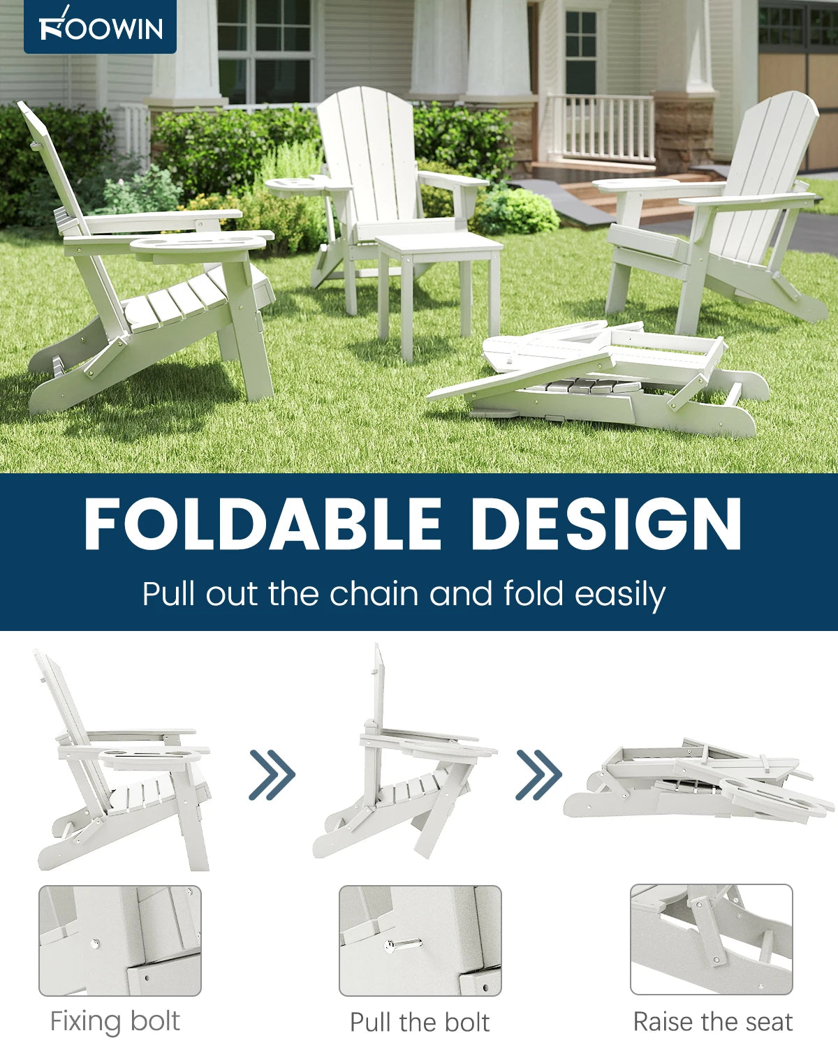 Foowin Folding Adirondack Chair Weather Resistant HDPE Cup Holder Outdoor