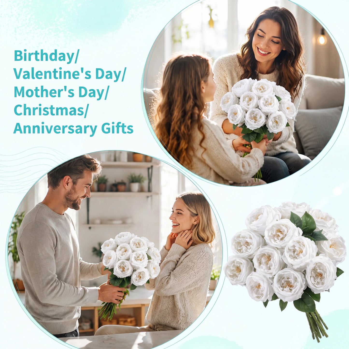HiMISS 20Pcs Lifelike Real Touch Artificial Roses And Peonies Stems