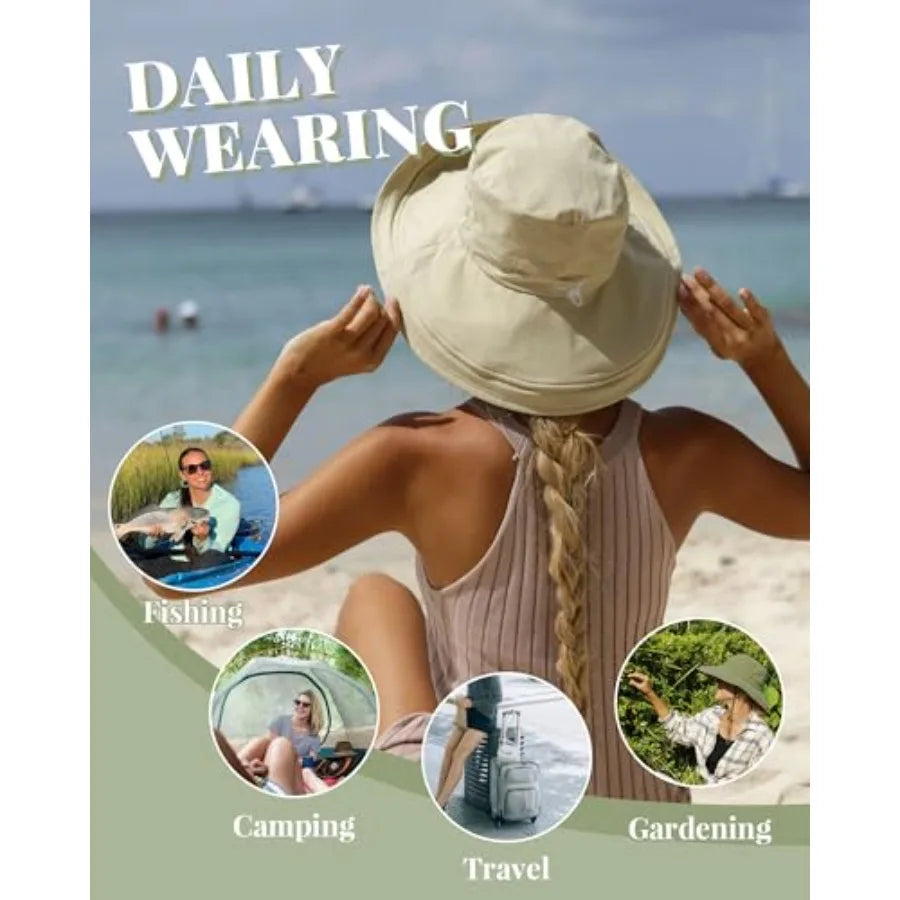 Women Sun Hat Wide Brim Ponytail Gardening Beach Breathable Cotton
