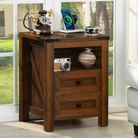 Farmhouse Nightstand With USB Charging Station Two-Drawer Open Shelf