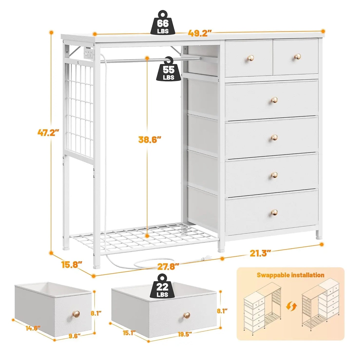 Modern Dresser With Hanging Rack And LED Lights Charging Station