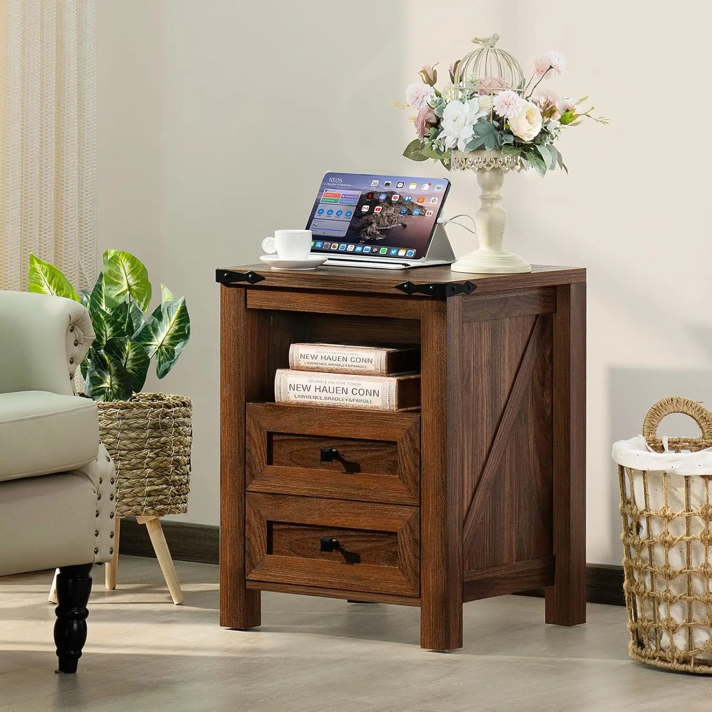 Farmhouse Nightstand With USB Charging Station Two-Drawer Open Shelf