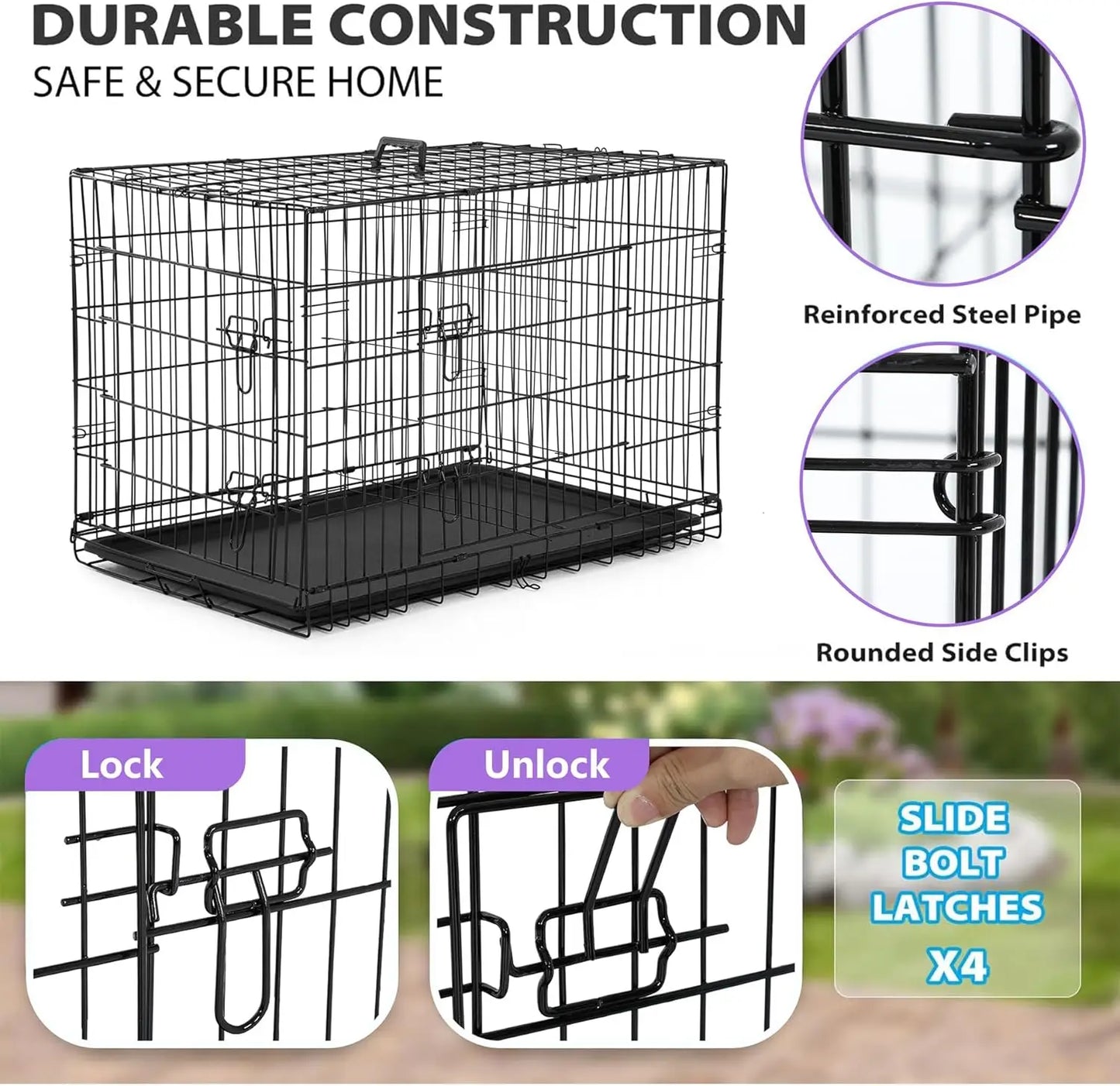 Foldable Dog Crate with Double Doors, Secure Latches, Leakproof Tray