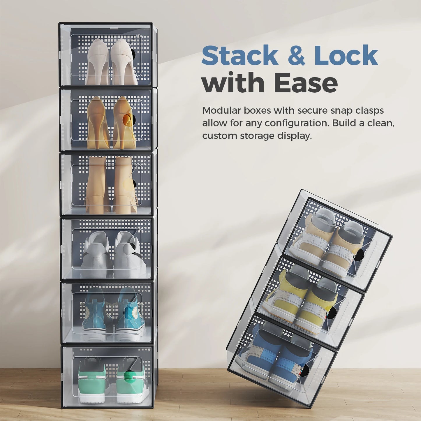 JHK 12 15 Pack Plastic Stackable Shoe Organizer With Lids