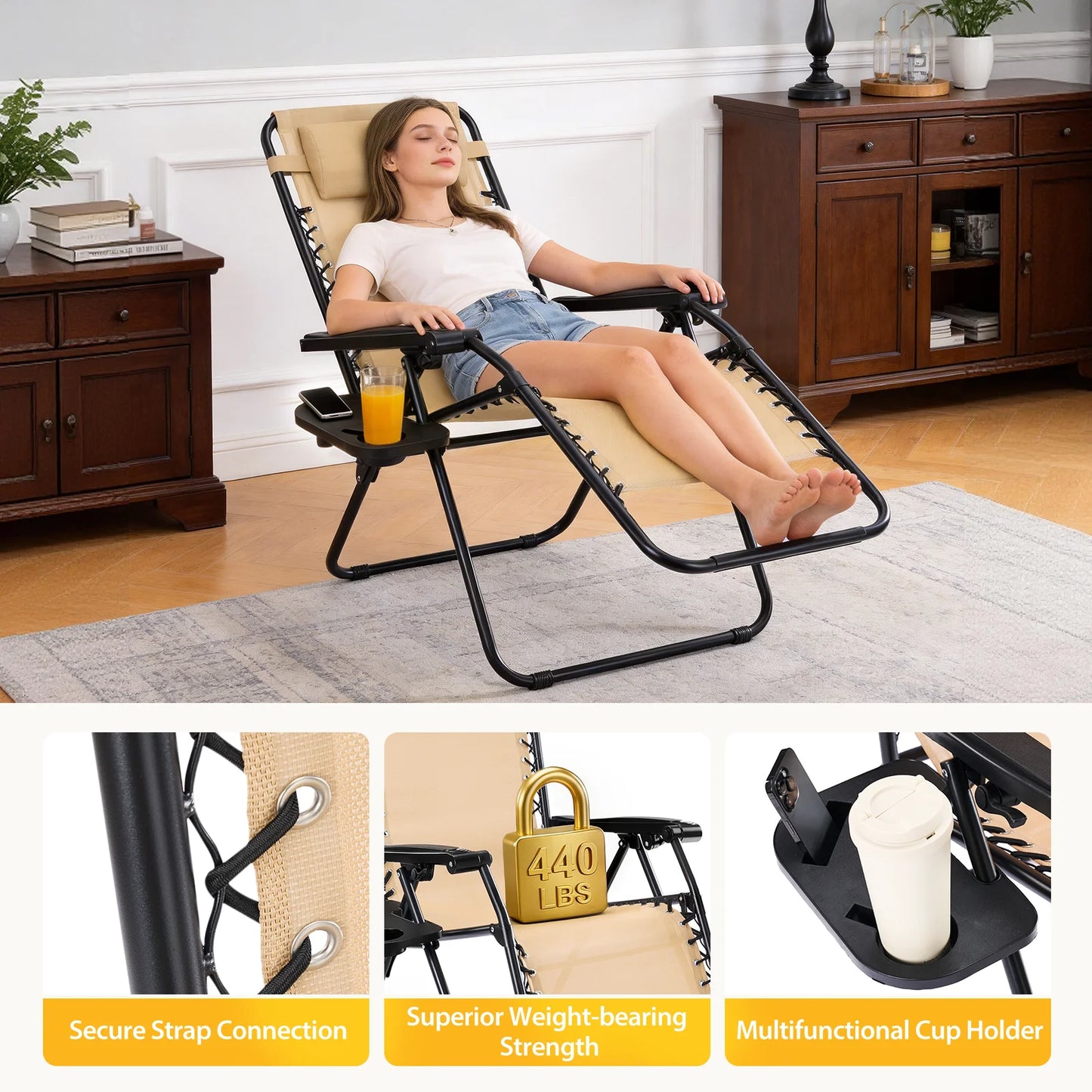 JHK Portable Zero Gravity Recliner Chairs Set With Cup Holders