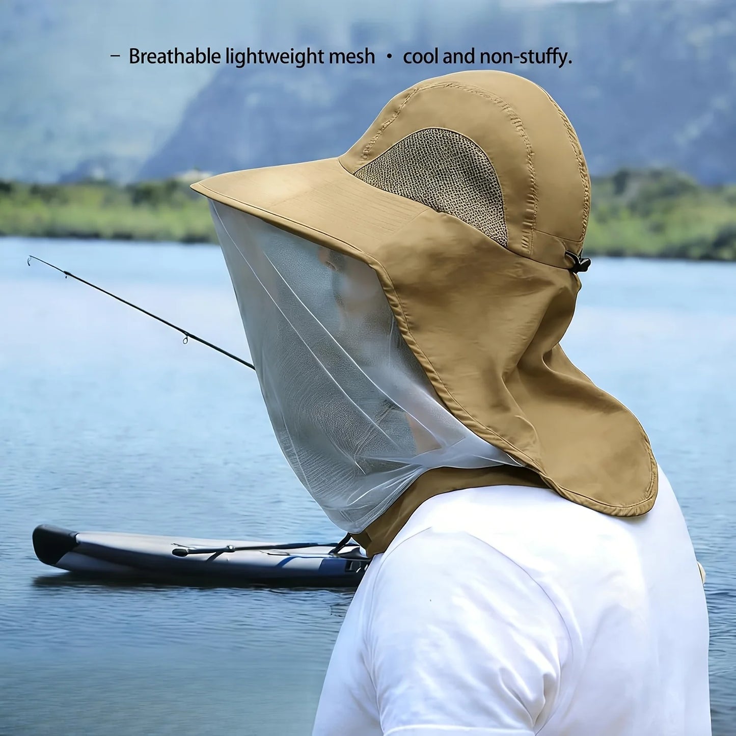 Unisex Mesh Sun Hat With Wide Brim Neck Strap Adjustable