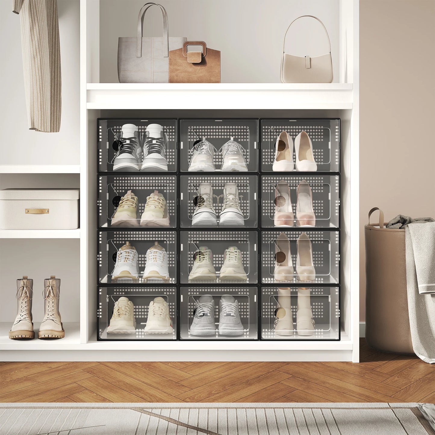 JHK 12 15 Pack Plastic Stackable Shoe Organizer With Lids
