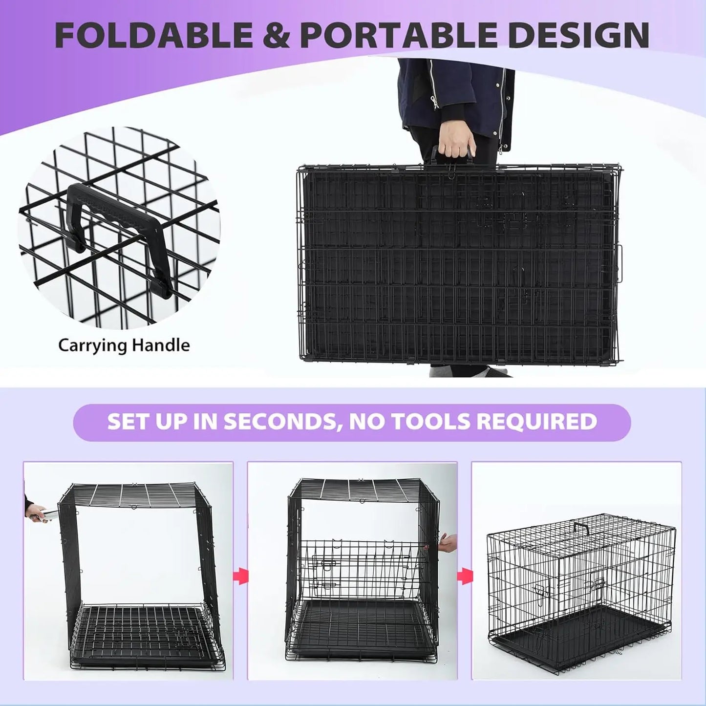 Foldable Dog Crate with Double Doors, Secure Latches, Leakproof Tray