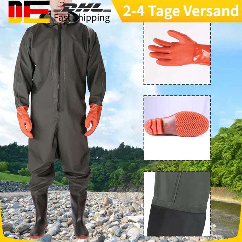 Mens Waterproof Wader Set With Hooded Overalls Boots And Gloves