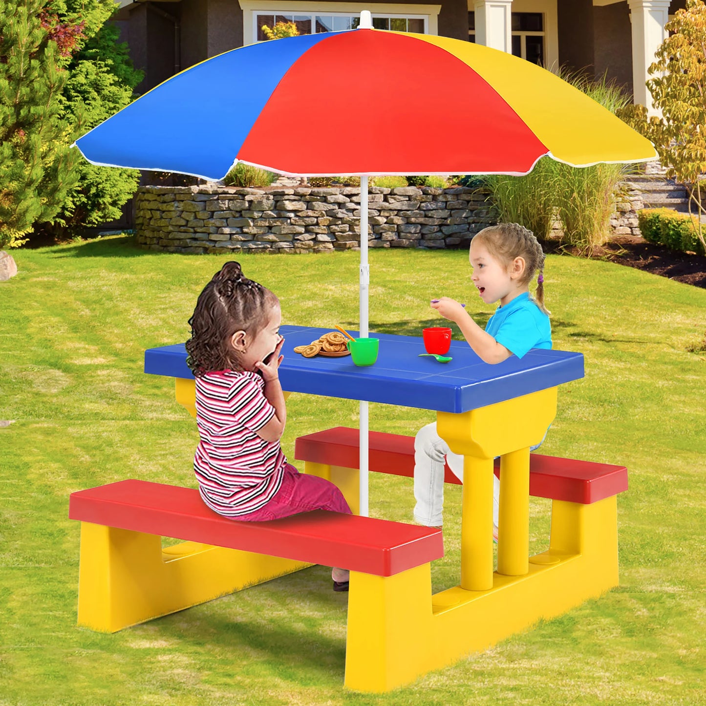 HOMASIS Kids Picnic Table Set With Removable Umbrella For Indoor Outdoor Play